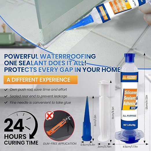RTV Silicone Sealant Adhesive - 100% Waterproof Transparent Silicone Caulk for Automotive, Window, Bathroom, Kitchen - High Bond, Shrink & Crack Resistant - Clear (1.4oz/40g)