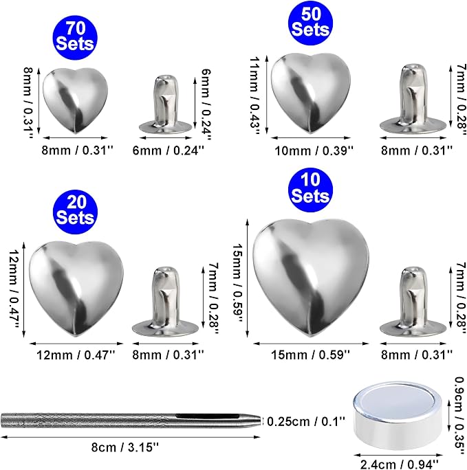 YORANYO 150 Set Mixed Size Rivets Kit - Silver Heart Studs for Clothing, Fabric & Leather Crafting - Rivet Tool for Jackets, Shoes, Bags, Belts & Purse