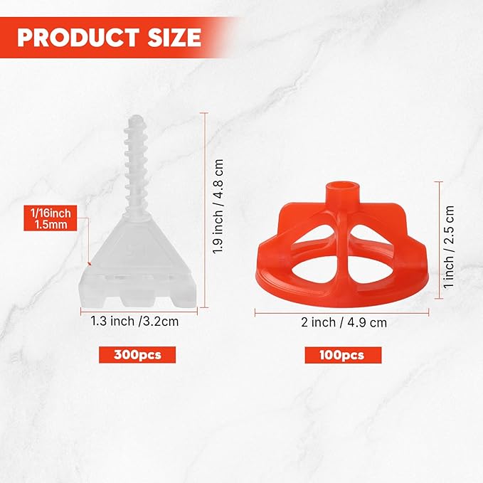 DGSL Tile Leveling System 1/16", 300 Pcs Tile Spacers and 100 Pcs Red Cap, Tile Spacers Leveling System for Professional Ceramic Tile and Stone Installation, DIY Install, Precision Gap Control