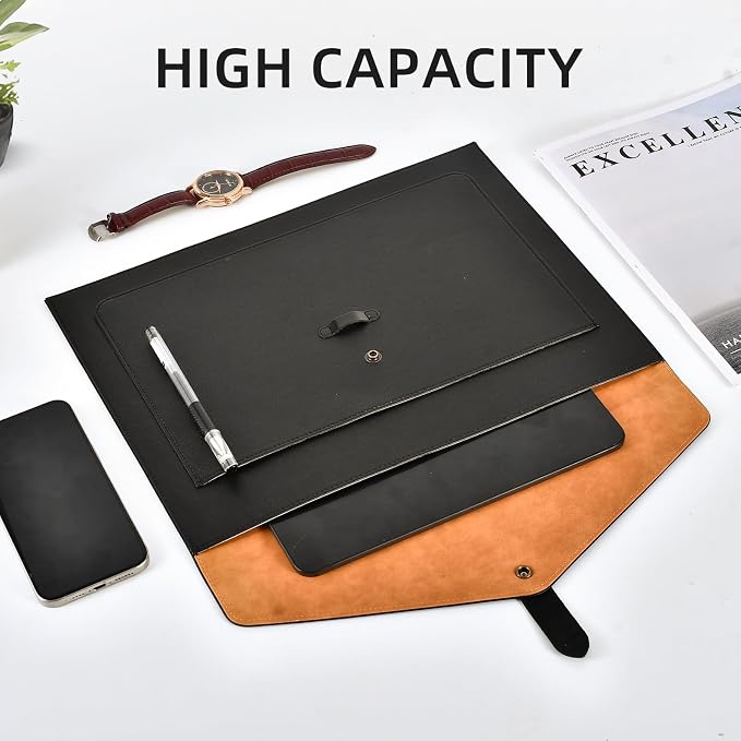 Brown PU Leather File Folder, Snap Closure File Organizer, Important Document Folder with Pockets, Document Organizer, Laptop Sleeve Notebook Case, A4 Envelopes Filing Folder