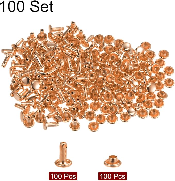 HARFINGTON 100 Sets Leather Rivets 8 x 6mm Metal Double Cap Rivet Snaps Studs Fasteners with 3pcs Setting Tools Rivets for Leather Craft DIY Repair Decoration, Light Gold Tone
