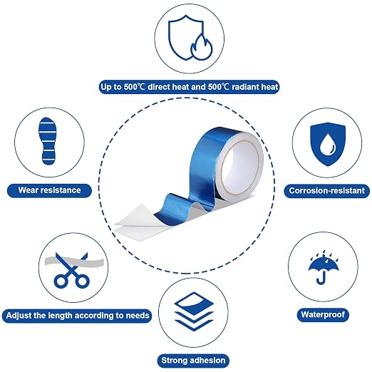 Zonon 2 Rolls Aluminum Foil Tape Heat Shield Tape Barrier Adhesive Reflective Fiberglass Thermal Insulation Reflective Material High Temp Protection(Blue,2 Inch X 32.8 ft)