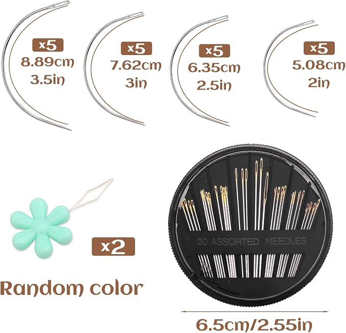 Premium Curved Leather Needles Kit - Assorted Sharp Needles (4 Sizes) with Threaders for Leather Repair & Art Crafts
