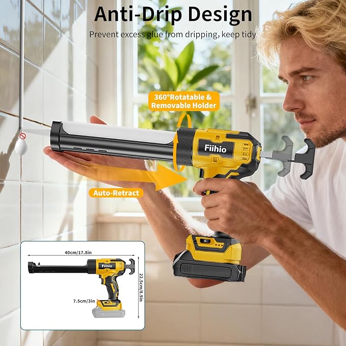 Cordless Caulking Gun Compatible with Dewalt 20V Max Battery,10 OZ Electric Caulk Gun with LED Light, LCD Display, 6 Adjustable Speeds for Floor, Wall Tile Filling, Yellow (No Battery)