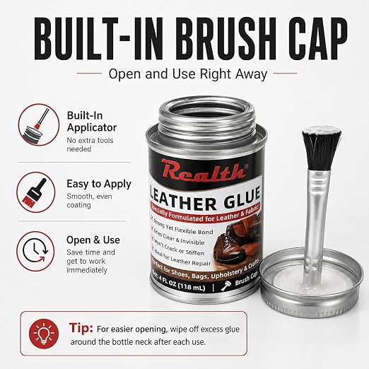 Realth Leather Adhesive Glue 4 oz Brush Can, Heavy Duty Contact Cement | Fast Drying Flexible Bond for Shoe Repair, Upholstery, Automotive Interior, Leather Craft, Fabric, Rubber & DIY Repairs