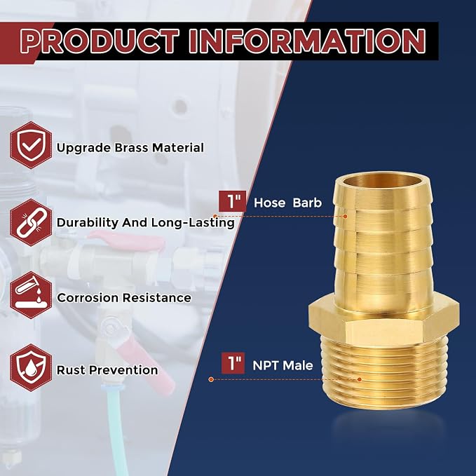 Pack of 1 Brass Hose Barb Fittings 1" Hose Barb to 1" NPT Male Fittings