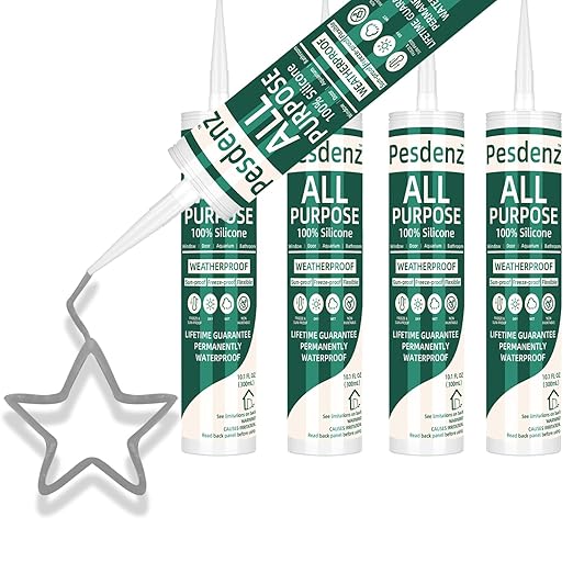 Gray Universal Silicone Caulk, 100% Silicone Sealant Outdoor Waterproof, Flexible Cartridge Adhesive Caulking for Aquarium RV Roof Window Door Kitchen Bathroom Bathtub Shower Seal, 10.1 Oz, 4 Pack