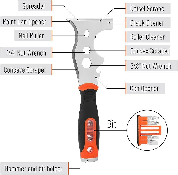 Bates- Paint Scraper, 16 in 1 Painters Tool, Paint Scrapers for Wood, Painters Tool, Painters Knife, Paint Scraper for Painting, Putty Knife, Putty Scraper, Hammer End, Screw Bits Inside