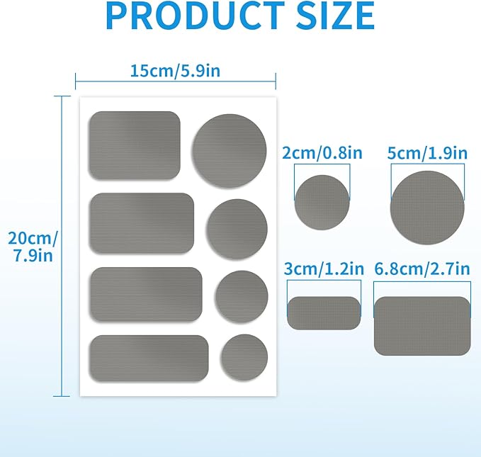 Waterproof Self-Adhesive Nylon Patches for Tent Repair Kit, 24pcs Outdoor Gear Tenacious Repair Tape, Fabric Patches for Clothes, Down Puffer Jacket, Tent, Sleeping Bag, Backpack, Light Gray
