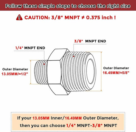 Pack of 15, 3/8" MNPT To 1/4" MNPT Solid Brass Hex Nipple Hose Connectors W/Sealing Tapes, Male Pipe Adapter for Pipe Leak Repair, Bathroom Remodeling, Tool Extension, Compression