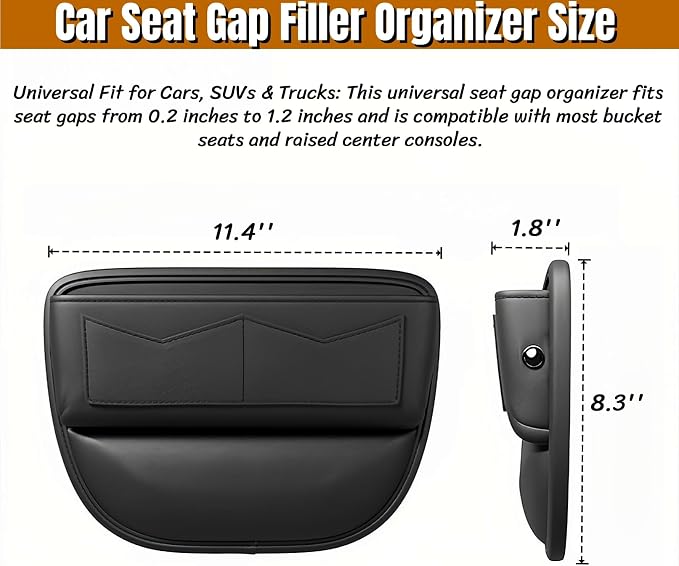 BLIRITEL Car Seat Gap Filler Organizer with Charging Hole, PU Leather Car Seat Gap Plug with Storage Slot, Car Console Side Organizer for Phone, Keys & Cards (Black-2 Pack)