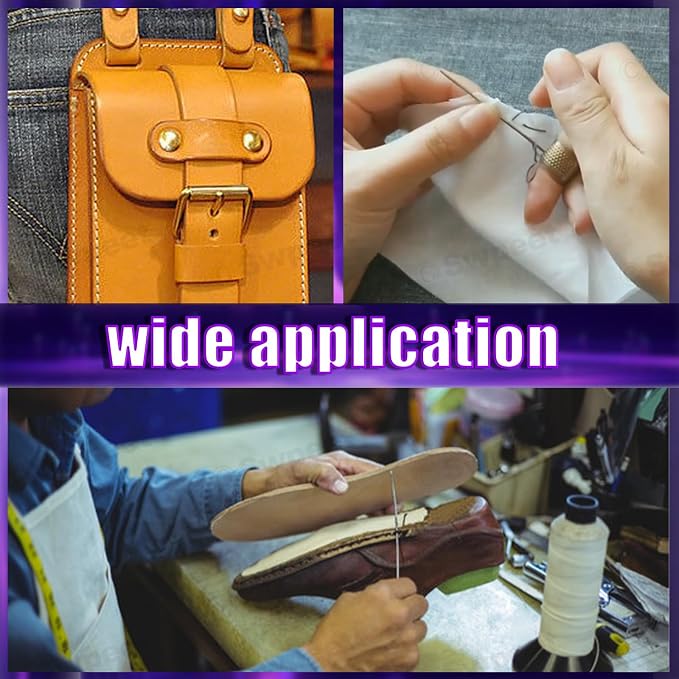 Swpeet 10Pcs Portable Copper Handle Canvas Leather Sewing Awl Needle and 3 Colors Nylon Waxed Thread Cord with Thimble Assortment Kit, Leather Sewing Tools for Canvas, Shoe and Leather Repair