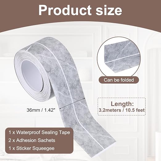 uxcell Caulk Tape Waterproof, 1.42 Inch x 10.5 ft Self-Adhesive Sealant Sealing Strip Caulking Sealant Tape PVC with Tool for Kitchen Sink Toilet Bathroom Bathtub Floor, Gray Marble