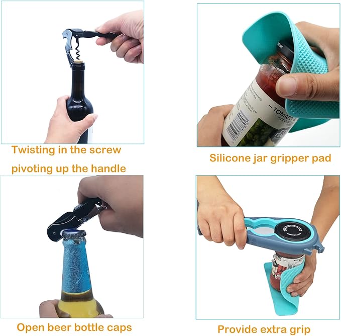 Otstar Jar Opener & Bottle Opener Set for Weak Hands - Multi-Function Kitchen Opener Tool for Seniors with Arthritis, Elderly - Includes Jar Lid Gripper Pad, Corkscrew Opener