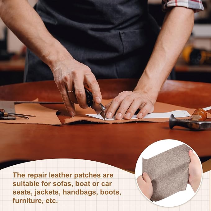 MECCANIXITY 2 Pcs Leather Repair Patch 8"x10" Self-Adhesive Leather Vinyl Repair Tape Kit for Furniture Couches Sofa Chair Car Boat Seats Jackets, Linen Coffee