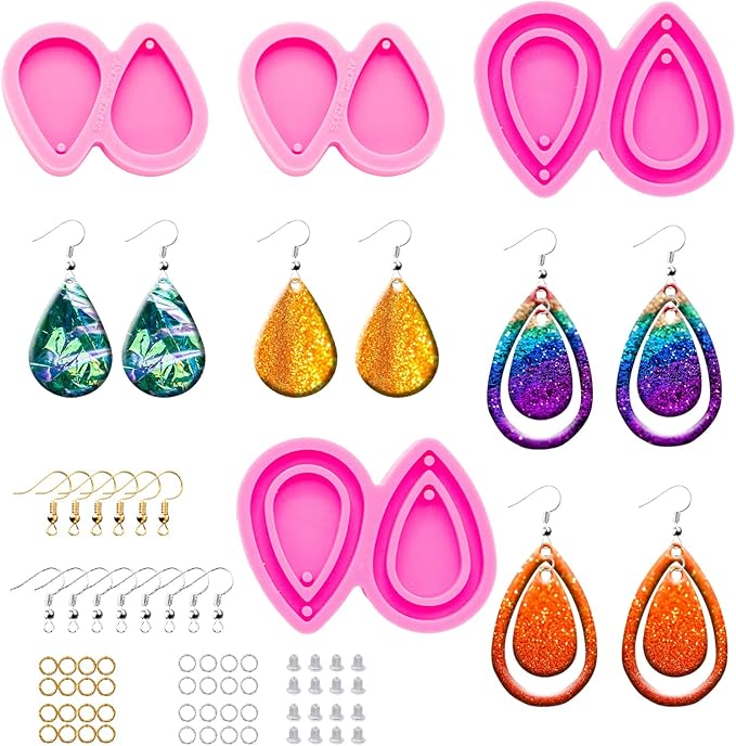 104Pcs Earring Resin Molds Kit, 4pcs Silicone Molds for Resin Jewelry Epoxy Casting Molds with Earring Hooks for DIY Unique Earrings, Tear Drop Style Epoxy Resin Molds, Jewellery Resin Casting Molds
