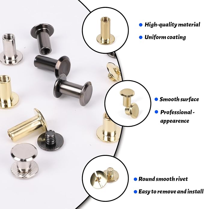 110 Sets Chicago Screws Leather Rivets Kit, 6 Sizes (M5*4/5/6/8/10/12mm) Leather Binding Screws with Rubber Hammer for Leather Craft, Belt, DIY Repair & Bookbinding (Gold)