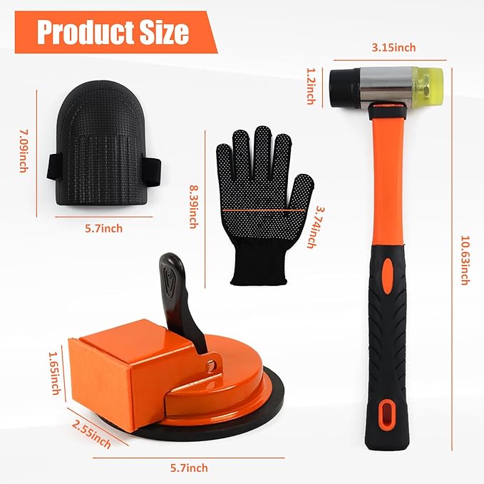 Floor Gap Fixer Tool Kit with Enhanced Vacuum Suction Cup & Rubber Mallet, Floor Gap Repair Tool for Laminate, LVP & Engineered Wood with Knee Pads and Anti-Slip Gloves