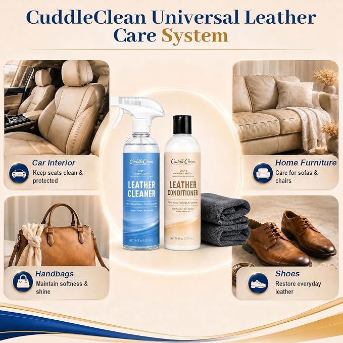 Leather Cleaner and Conditioner Kit (2×16oz) – 2-Step Leather Care System, Deep Clean & Nourish, Non-Greasy, Safe for Car Seats, Couches, Shoes & Furniture, and more