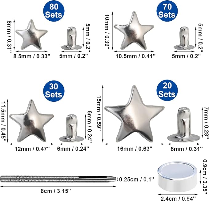 YORANYO 200 Sets Leather Rivets Kit Mixed Sizes Rivets for Leather Star Studs for Clothing Fabric Silver Rivets with Leather Crafting Rivet Tool for Repair Decorate Jackets Shoes Bags Belts Purse