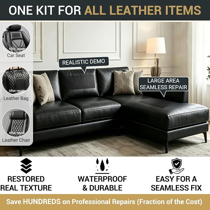 Self Adhesive Leather Repair Patch, Leather Patches for Furniture, Leather Repair Tape for Couch Sofa Car Seat Chair Furniture Repair, Leather Repair Kit (Black-Litchi Grain, 17X30 Inch)