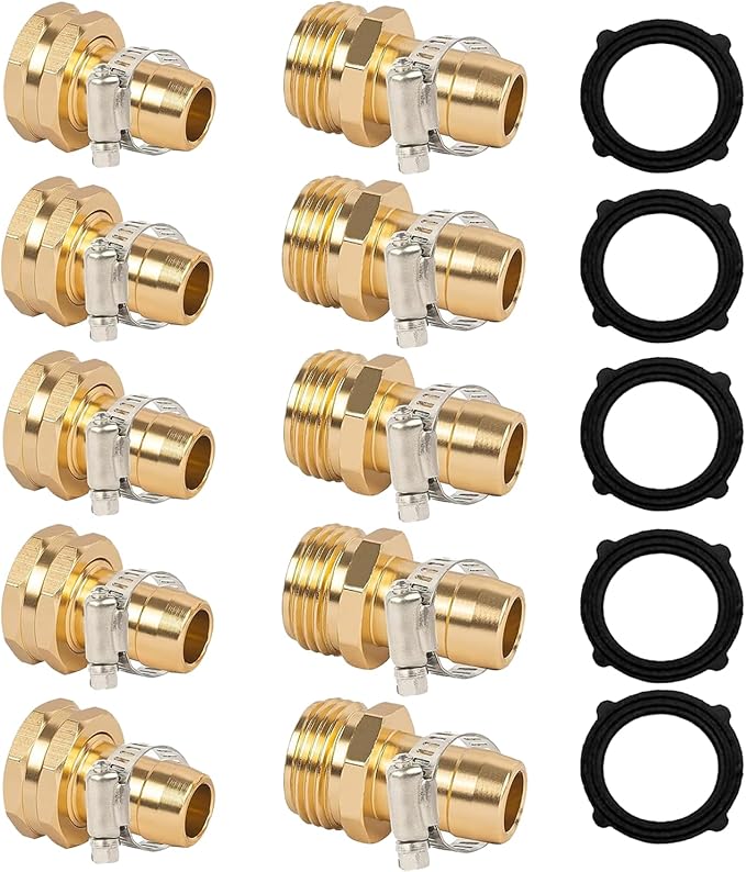 LIULO TOOL Garden Hose Repair Connector with Clamps, Fit for 3/4" or 5/8" Aluminum Garden Hose Fitting, Male and Female Hose Fittings, 5 Sets