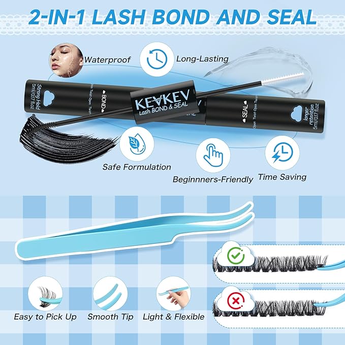 KEVKEV Lash Extension Kit 280Pcs Lash Clusters 60D+80D Eyelash Clusters Kit Individual Lashes With Lash Bond and Seal Lash Tweezers For DIY Lashes (10-18mm)