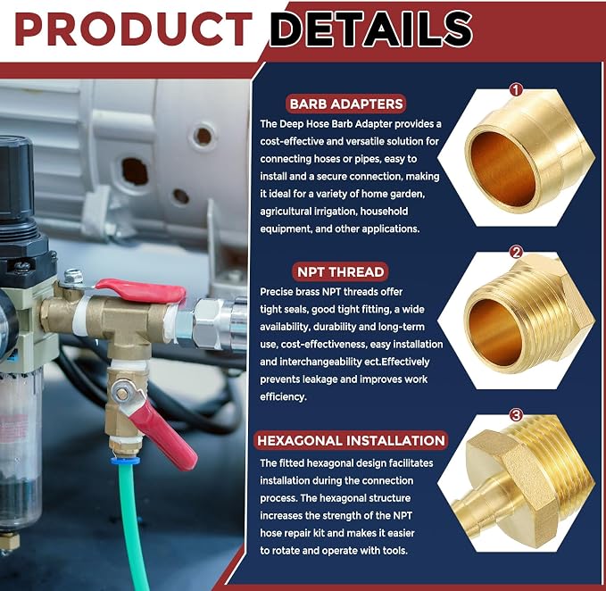 Pack of 2 Brass Hose Barb Fittings Adapter Connector 3/16" Hose Barb to 3/8" NPT Male Fittings for Home Machines, Massage Bathtubs, and Irrigation Systems