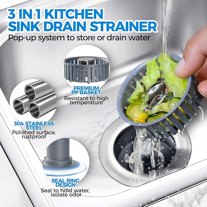 Kitchen Sink Drain Strainer - 2Pack Sink Stopper, Drain Protector, Kitchen Drain Plug & Sink Installation Parts with Anti-Clogging Basket, Fit US Standard 3-1/2'' Sink Drain Hole, Silver