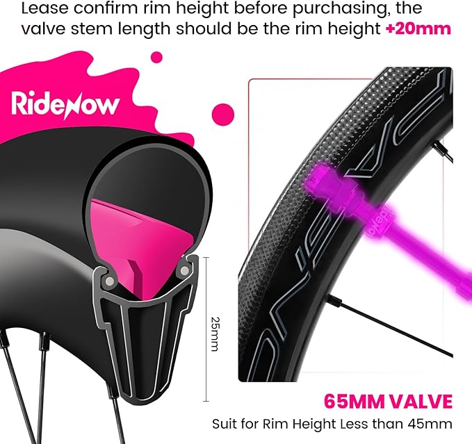 RideNow Tubeless Presta Valve Stems, 65mm Super Light 7075 Aluminum Alloy Presta Tubeless Valve Stem Kit with Valve Core Remover Tool and Valve Stem Caps, Multiple Color and Size Options(Pair), Purple