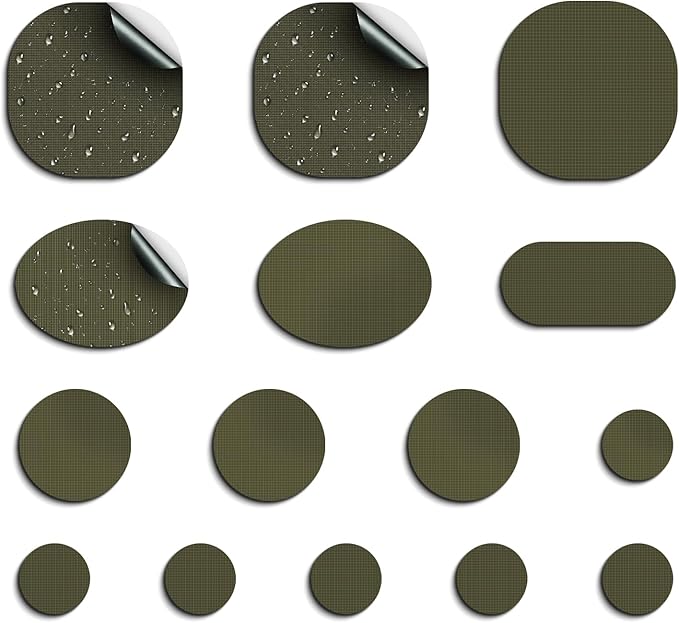 Self-Adhesive Nylon Patches Tent Repair Kit – Outdoor Gear Tenacious Repair Tape, Waterproof Fabric Patches for Clothes, Tent, Down Jacket, Backpack (45pcs, Army Green