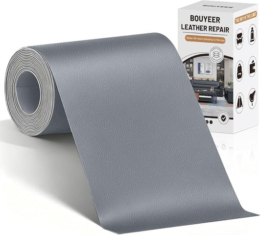 BOUYEER Leather Repair Patch Tape Kit,Self Adhesive Leather Repair for Sofa，Car Seat,Office Chair,Furniture,Jacket,Waterproof Strong Adhesive Vinyl Repair Kit. 4 in x 79 in,Fine Grained Gray