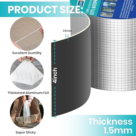 ADHES Extra Thick Butyl Tape 4 Inch x 16 Feet x 1.5mm – 50% Thicker for Superior Waterproof Sealing – Weatherproof Butyl Sealant Tape for RV Repairs, Roof Leaks, Window Seals, Pipe Seals, and More