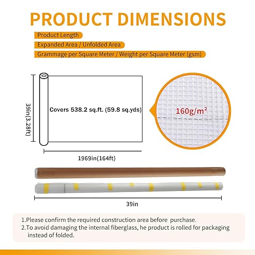 Fiberglass Mesh Roll for Stucco & Wall Repair –39 in, 538.2 Sq.Ft. Coverage,160g/㎡ Alkali Resistant Fibreglass Reinforcing Mesh, Non-Adhesive Fiber Patch for Plaster, Render, Tile,Gypsum Walls.