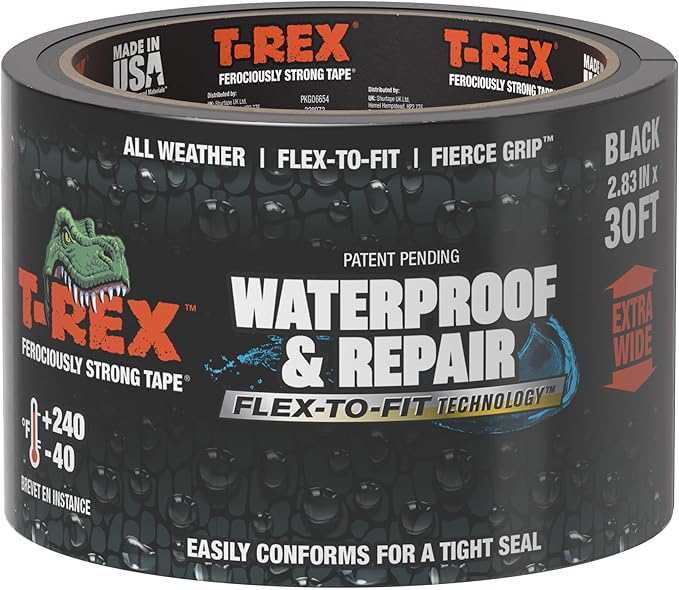 T-REX Flexible Waterproof Tape - Heavy Duty Adhesive Waterproofing Tape for Repair, Leaks, Roof Patches - Extreme Weather & UV Resistance - Black, 2.83" x 10 Yd (Pack of 1)