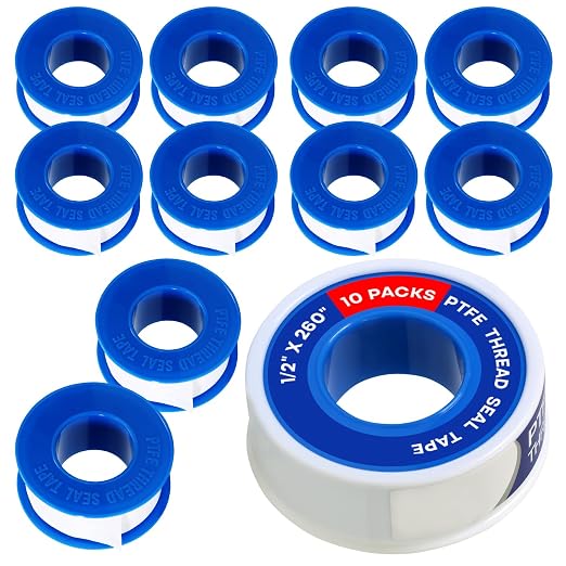 Supply Giant Plumbers PTFE Tape 1/2" W x 260" L 10 Rolls Pipe Thread Tape, High Density Thread Sealant Tape Water Seal Plumbing Tape for Shower Head, Pipes, Gas Lines, Leak Prevention