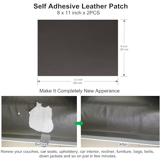 ILOFRI Leather Repair Patch 8x11 inch 2 Pcs, Durable Self Adhesive Vinyl and Leather Repair Kit for Couch, Car Seats, Boat Seat, Furniture, Upholstery, Auto Interior, Sofa, Chair -Grey Brown