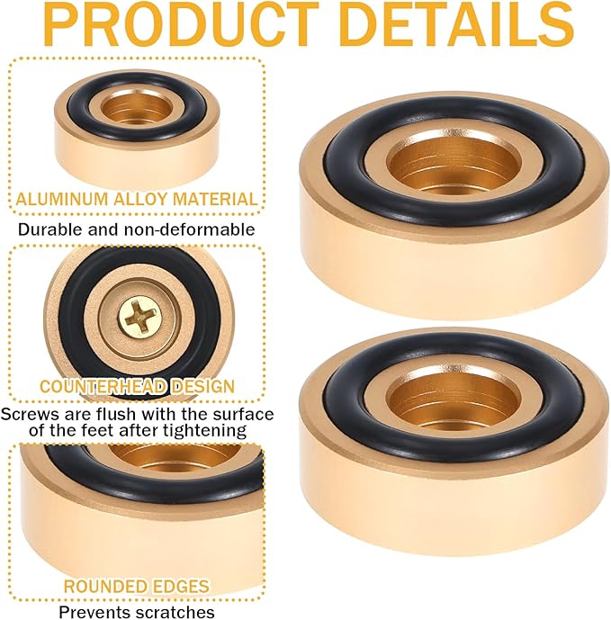 12 Pack Brass Cutting Board Feet with Non Slip Pads 1.18 x 0.39 Inch Gold Aluminum Alloy Legs with Silicone Pads & Screws Kit, Anti-Skid Stabilizers for Chopping Blocks, Furniture & Shelves