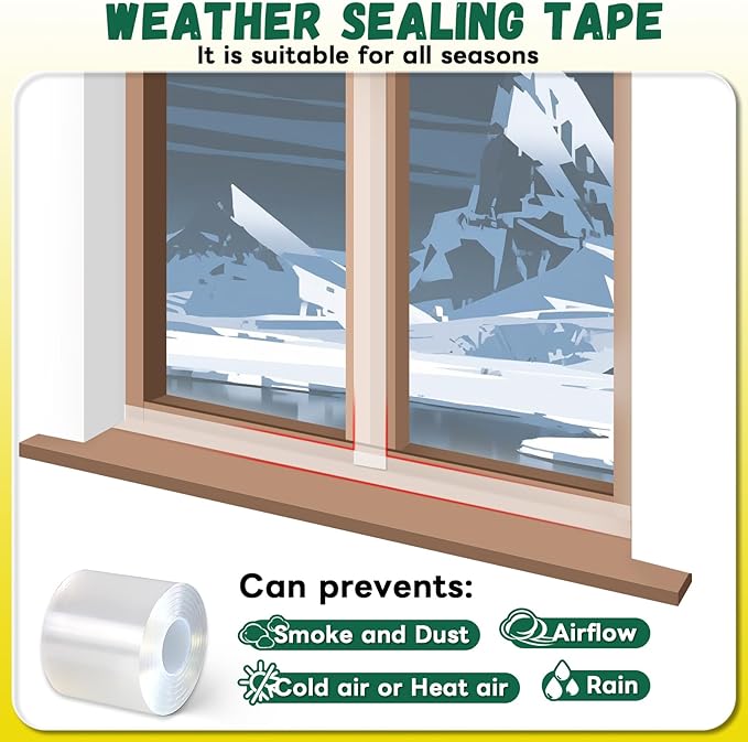 Window Sealing Tape, Window AC Insulation Sealing Around Frame Draft, 3 inch X 33 FT, Blocker for Cold Heat Air, Waterproof Tape for Repair, Heavy Duty No Residue (Clear)