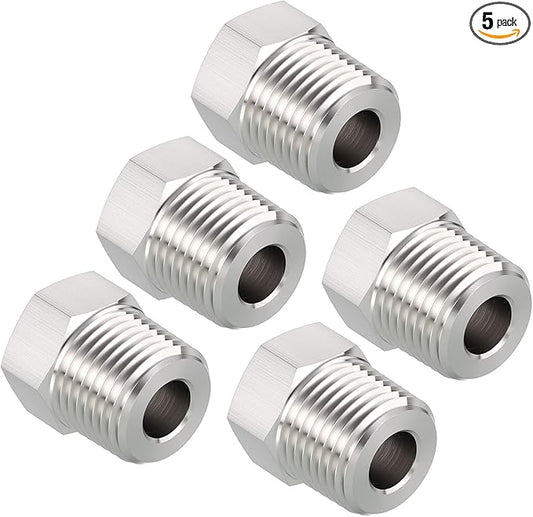 Pack of 5, 1/2" Male NPT to 1/4" FeMale NPT Solid 304 Stainless Steel Hex Bushing, Hose Fittings Adapter Reducer for Pipe Leak Repair, Bathroom Remodeling, Tool Extensions