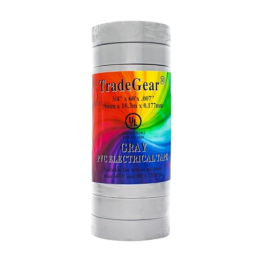 TradeGear Gray 10 Pack - UL Listed Colored Electrical Tape, 60 ft x 3/4 in, 600V, Flame Retardant, Waterproof, Rubber Adhesive - Phase Marking, Wire ID, Automotive