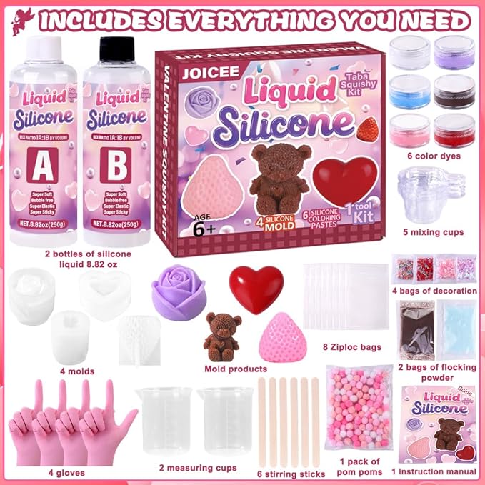 JOICEE Valentines Day Taba Squishy Kit, DIY Valentine Crafts Kit 18OZ 1:1 AB Liquid Silicone with 3D Mold for Make Your Own FuFu Squishies Kits Valentines Day Party Favors Stress Relief Toys Gifts