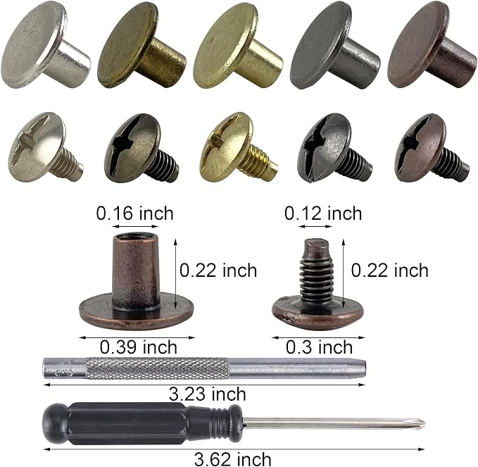 YORANYO 125 Sets Mixed Colors Round Flat Head Chicago Screws for Leather Crafting - Rivet Kit for Clothing, Shoes, Belts, Bags - 25/64 Inch Button Studs