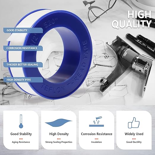 4 Rolls Teflon Tape,Plumbers Tape(1/2 Inch X 520 Inches),PTFE Tape for Sealing Tape,Plumbing Tape,Sealant Tape,Thread Seal Tape for Shower Head,Water Pipe,Prevent Leakage,Thicker