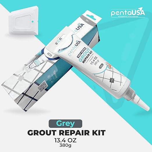 PentaUSA Tile Grout Repair Kit - Gray Premixed Acrylic Sanded Grout, Water-Resistant Grout Filler for Bathroom&Shower, Kitchen Floor, Fast Drying, with Applicator, 13.4 oz (380g)