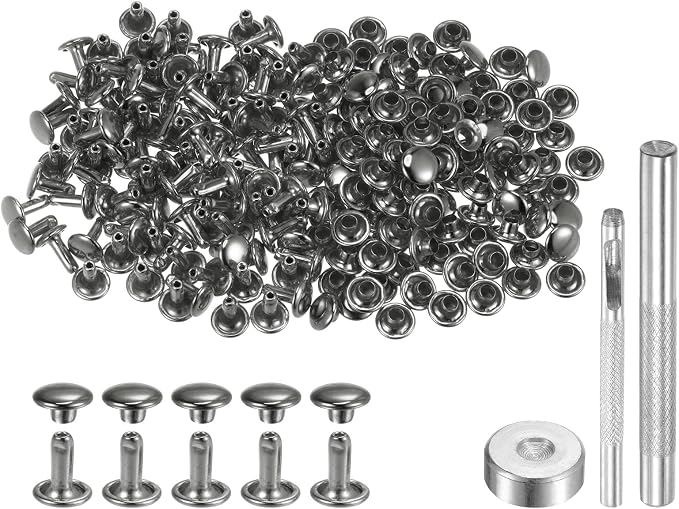 HARFINGTON 100 Sets Leather Rivets 8 x 7mm Metal Double Cap Rivet Snaps Studs Fasteners with 3pcs Setting Tools Rivets for Leather Craft DIY Repair Decoration, Gunmetal