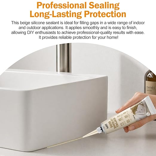 Beige Silicone Caulk Sealant - Sealant for Filling and Repairing Gaps in Sinks, Bathtubs, Shower Stalls, Toilet Bases, and Tile Joints