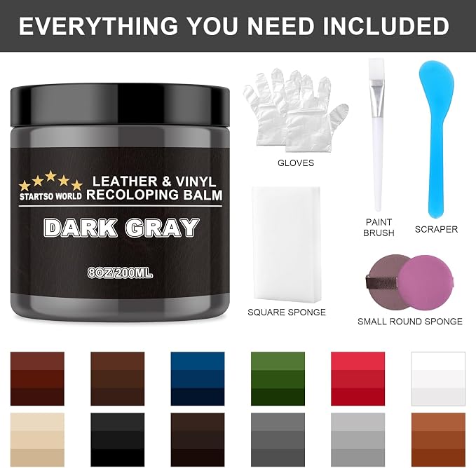 STARTSO WORLD Leather Recoloring Balm, Dark Gray Leather Repair Kit for Furniture, Leather Dye, Leather Color Restorer for Couches, Leather Couch Paint | Repair, Restore & Renew Old, Faded Leather