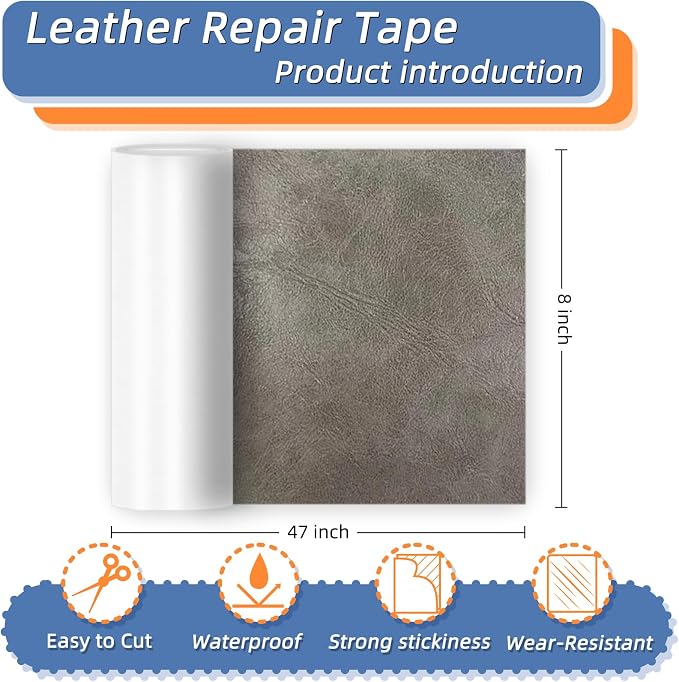 8x47 Inch Leather Repair Tape,Self Adhesive Leather Patches for Furniture,Vinyl Repair Kit for Couches,Bed,Car Seats,Chair (Gray)
