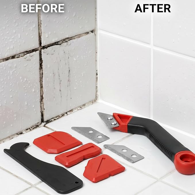 Skrfren Caulking Tool Kit, 4 Pcs Caulk Remover Tools, 1 Pcs Grout Removal Tool, 2 Replacement Blades for Floor Gaps, Bathroom, Kitchen, Tile Gaps